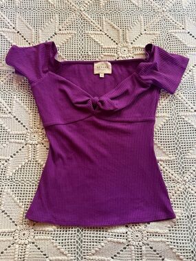 Sezane Violet Ribbed Knot-Front Crop Top